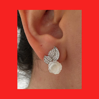 Earrings; Rose Shaped Mother of Pearl on Leaves Stud