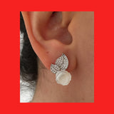 Earrings; Rose Shaped Mother of Pearl on Leaves Stud
