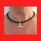 Necklaces; Whale Tail on Black Braided Leather Band