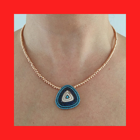 Necklaces;  Evil Eye Pendant with Rose Gold Beads