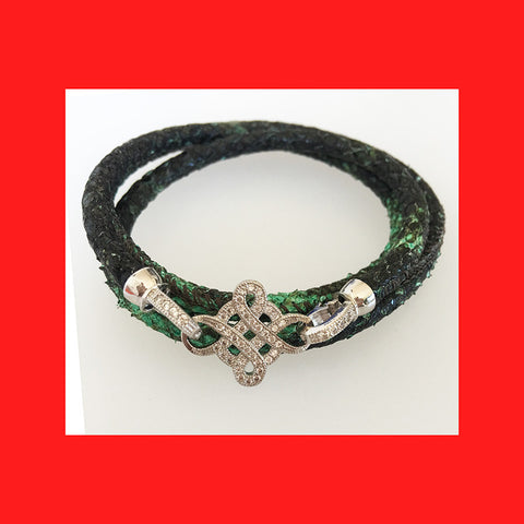 Bracelets; Green Snake Leather Bracelet with Sterling Silver Clasp