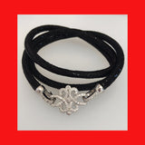 Bracelets; Black Leather Bracelet with Sterling Silver Clasp