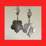 Earrings; Flower shaped Mother of Pearl and Sterling Leaf