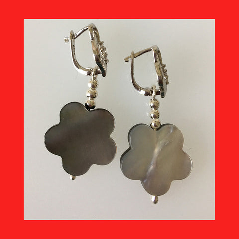 Earrings; Flower shaped Mother of Pearl and Sterling Leaf