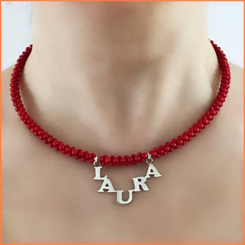 Sterling Silver Name Necklace with Coral Beads