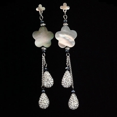 Mother of pearl shell and czech crystals shamballa and sterling silver chain earrings