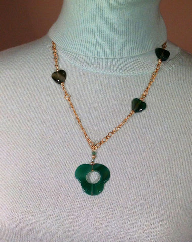 Necklaces; Flower and heart shaped green Agate