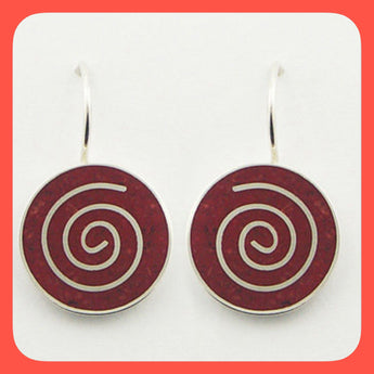 Round Sponge Coral Drop Earrings Silver Set Spiral Inlay